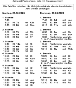 Zeiten Schulbuchrückgabe 2023